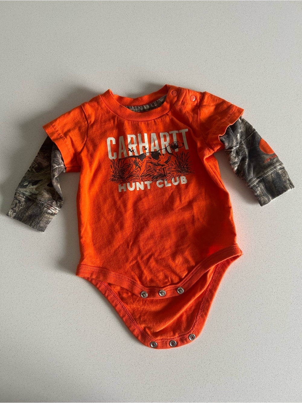 Carhartt Orange Baby One-Piece with Camo Sleeves